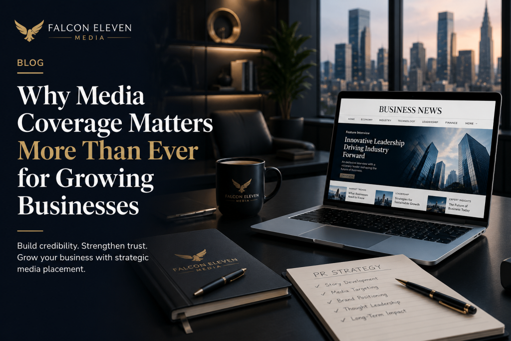 Executive workspace featuring a laptop displaying a business news website, symbolizing strategic media placement, public relations, and brand authority for growing businesses.